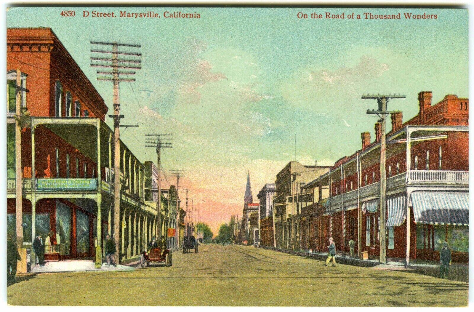 c.1910 MARYSVILLE CA CALIFORNIA D STREET w/AUTO,HORSE&WAGON,SHOPS&HOTEL~POSTCARD