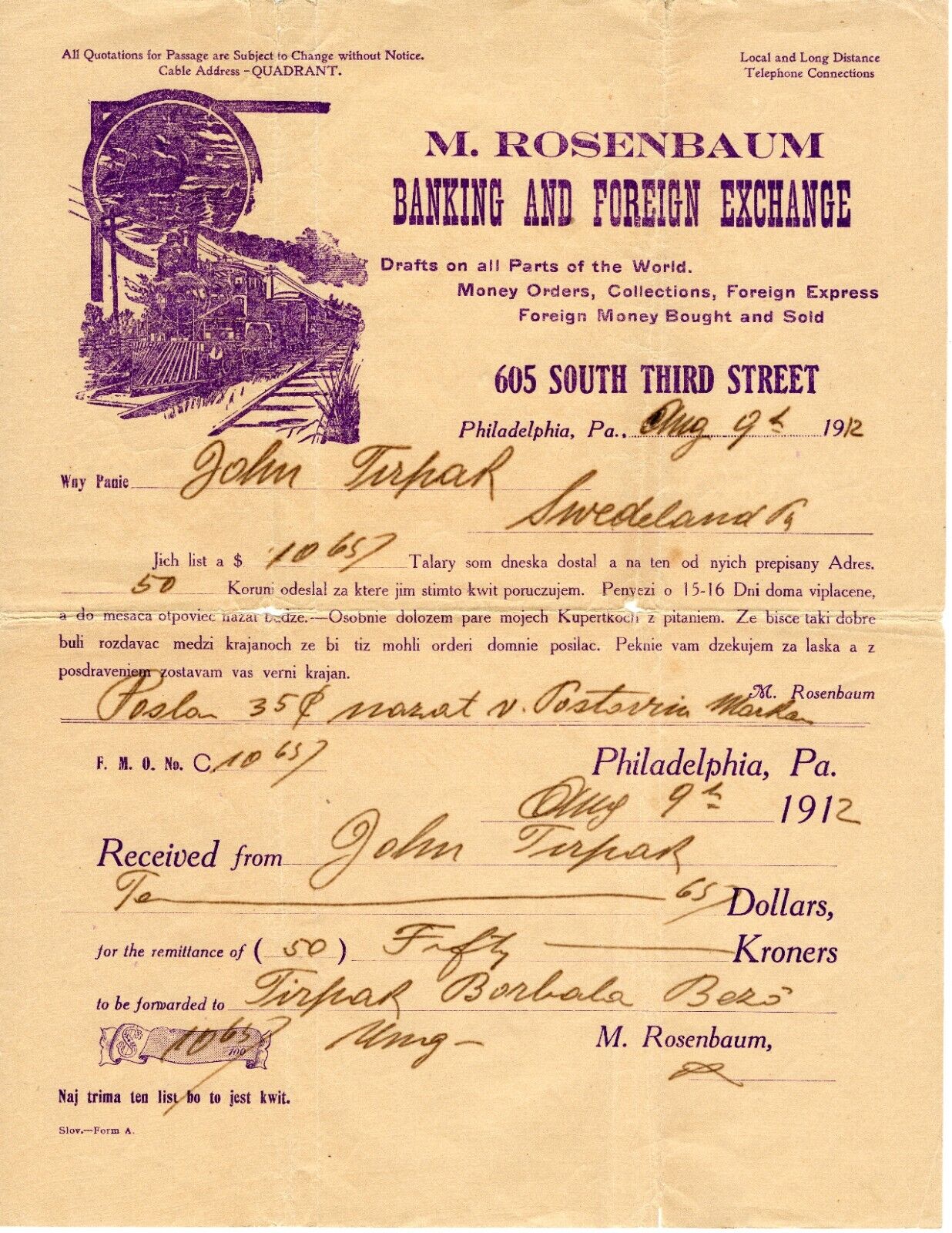 1912 M. Rosenbaum Banking & Foreign Exchange Philadelphia, PA Money Order Docume