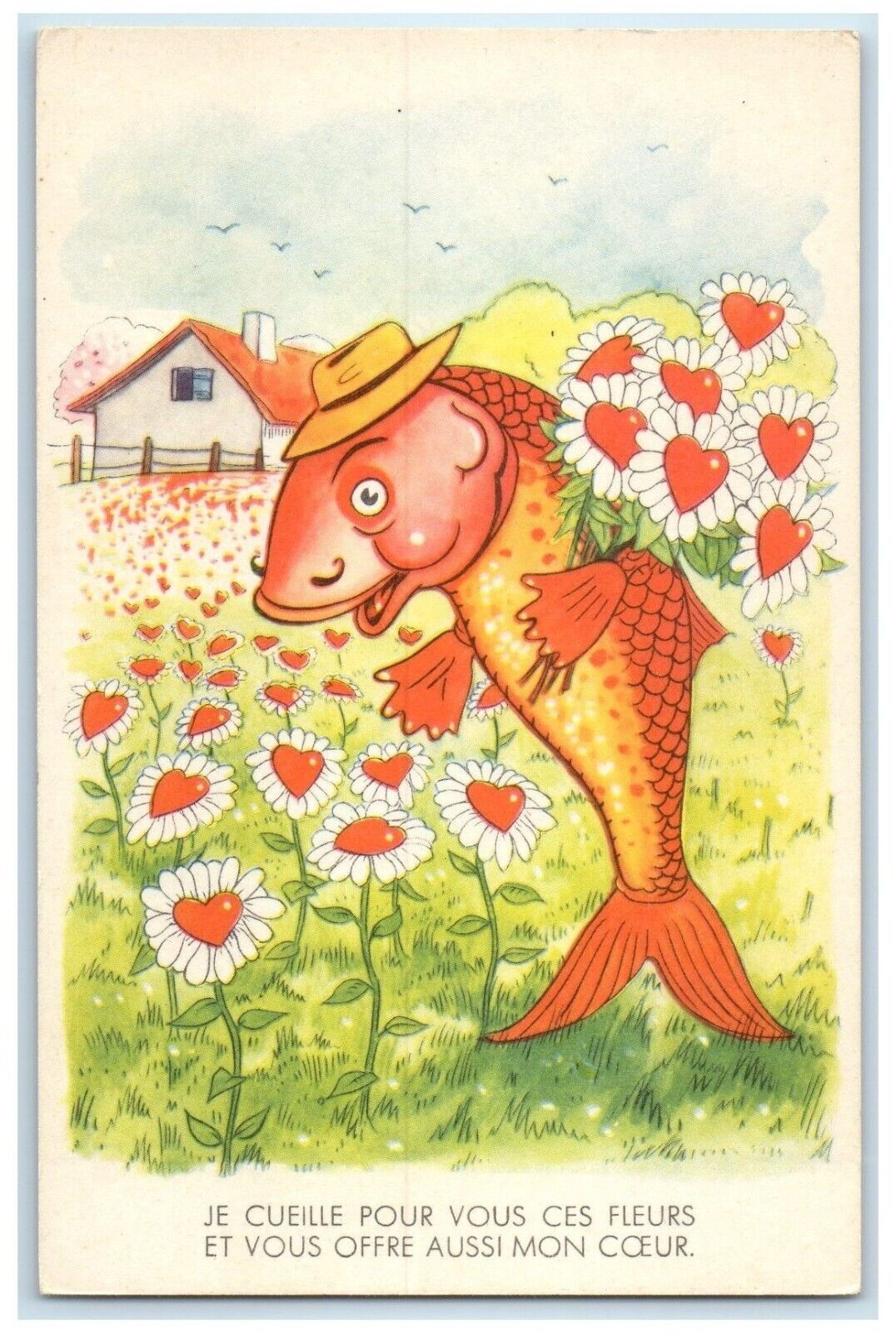 c1910's Valentine Anthropomorphic Fish Hearts Flowers France Antique Postcard