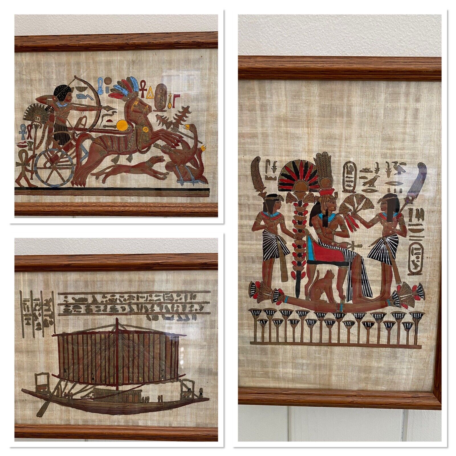 3 ABW EL-HOOL Gallery Nefertiti Gallery Papyrus Painting Framed Vintage Egyptian