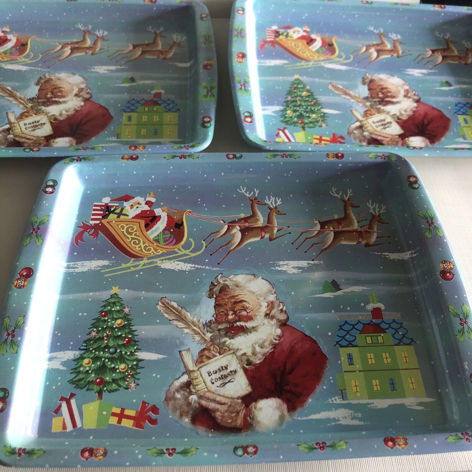 Qty 3 Vintage Daher Decorated Ware Christmas Santa Small Tray England 8\