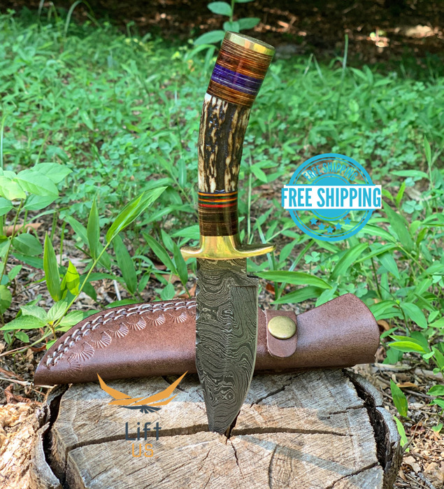 Custom Stag Horn HANDMADE DAMASCUS STEEL KNIFE With Brass Guard Hunting Blade