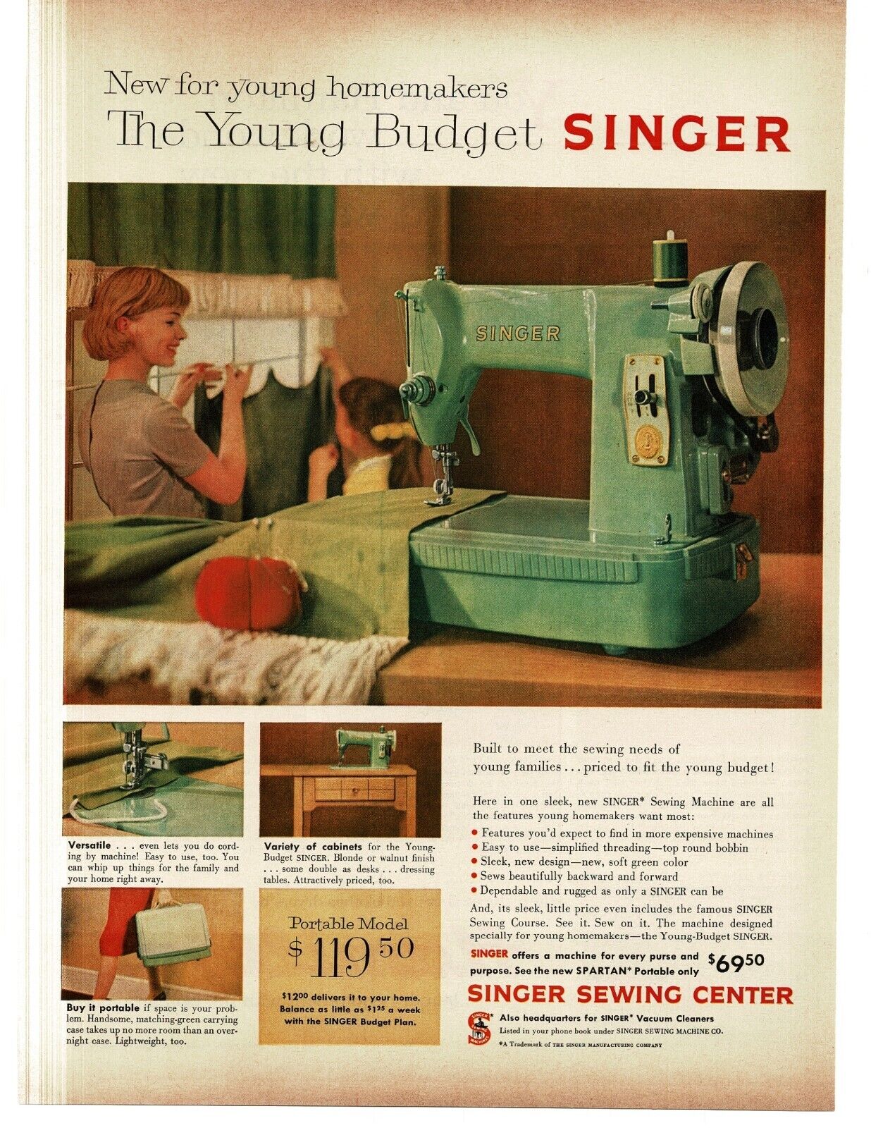 1959 Singer Young Budget Portable Sewing Machine Turquoise Vintage Print Ad