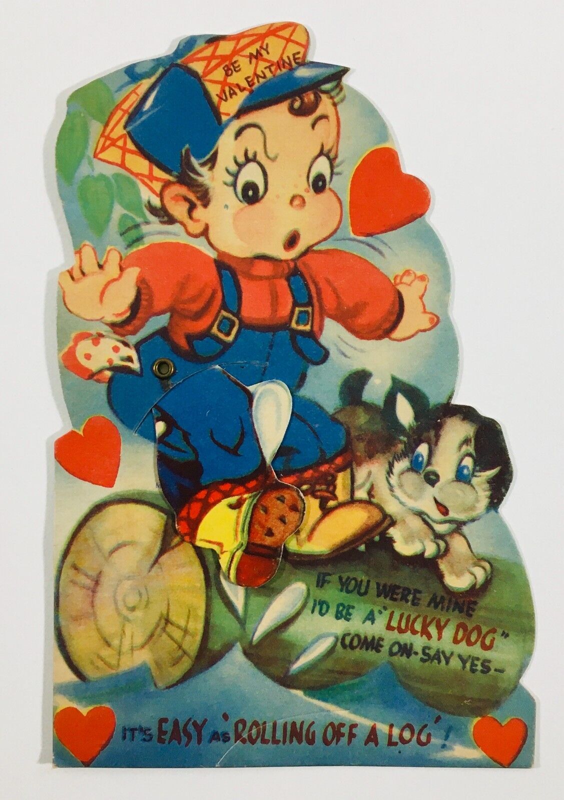 Vintage Mechanical Valentine Card Rolling Off A Log