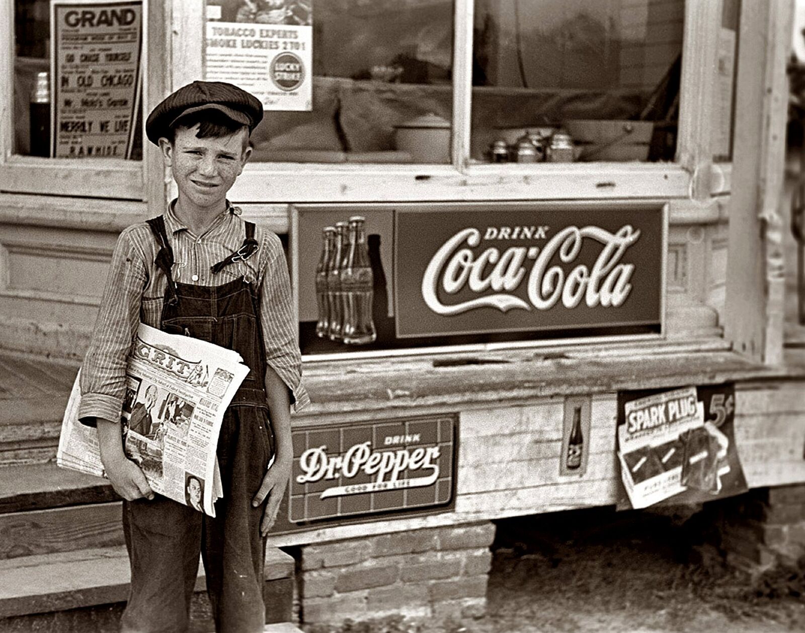 1938 GROCERY STORE & PAPER BOY Coca Cola Sign PHOTO  (199-J)
