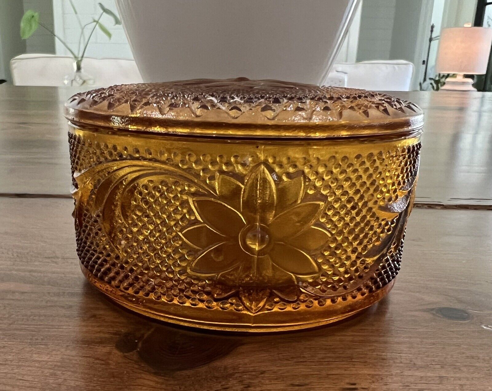 vintage mid century modern amber Tiara Indiana round glass powder/trinket dish