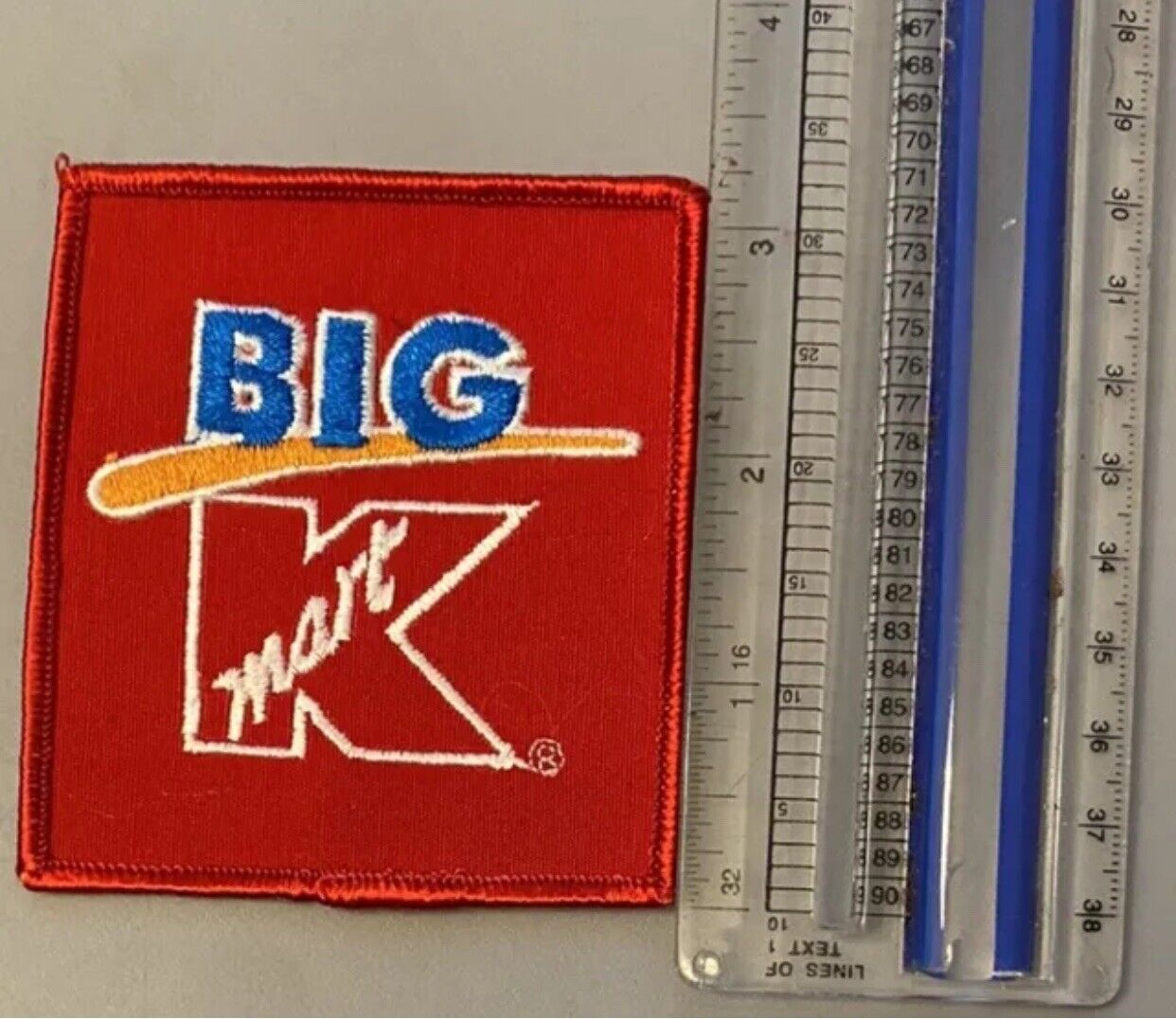 VINTAGE K-MART COMPANY BIG K RED ASSOCIATE VEST PATCH 3 1/4 INCHES X 3” KMART