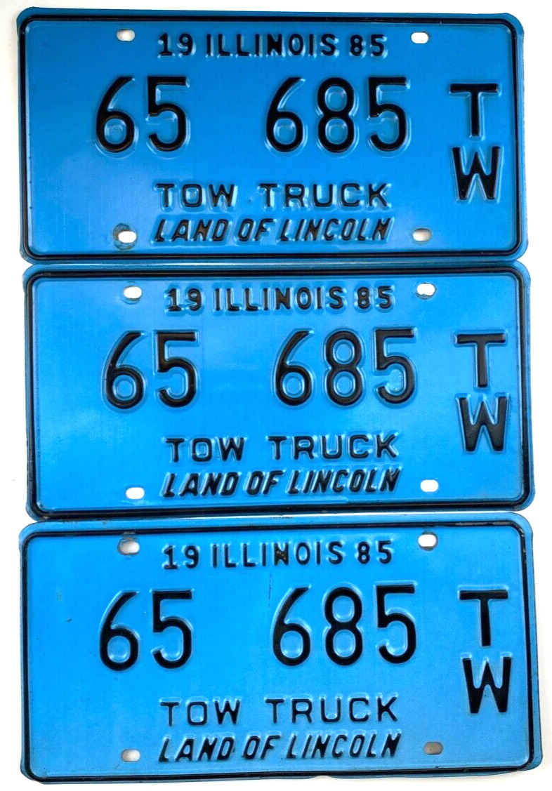 Illinois 1985 Tow Truck License Plate Set of 3 Garage Man Cave Decor Collectors