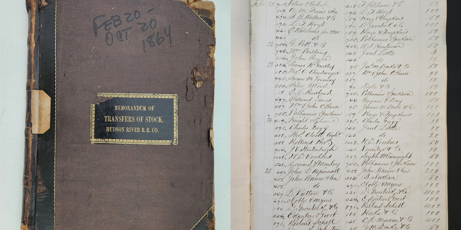 1864 antique HUDSON RIVER RAILROAD handwritten LEDGER transfers of stock