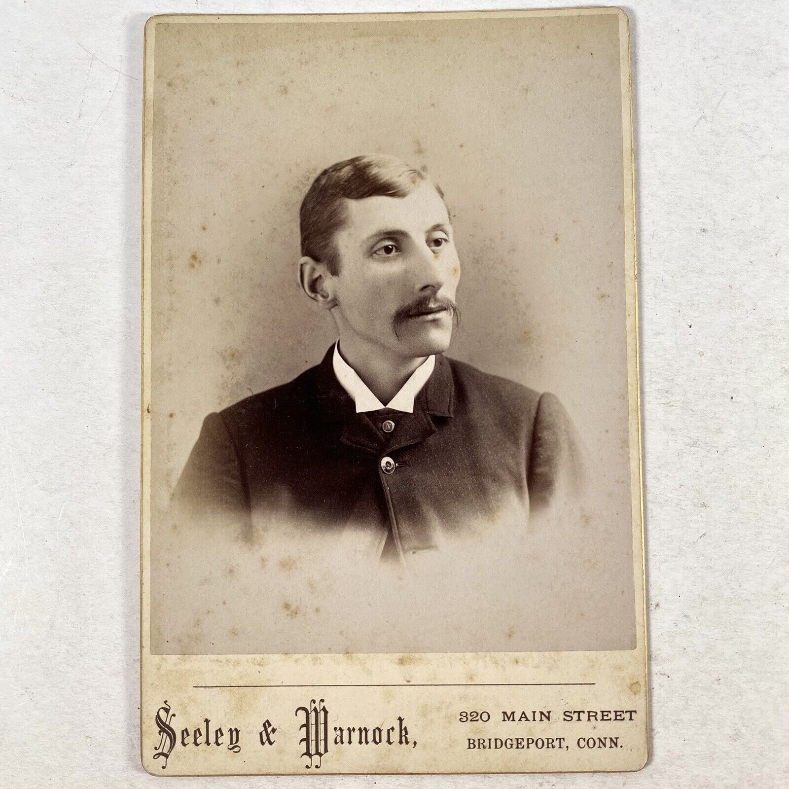 Antique Cabinet Card Photo Young Man Mustache Seeley & Warnock Bridgeport, Conn.
