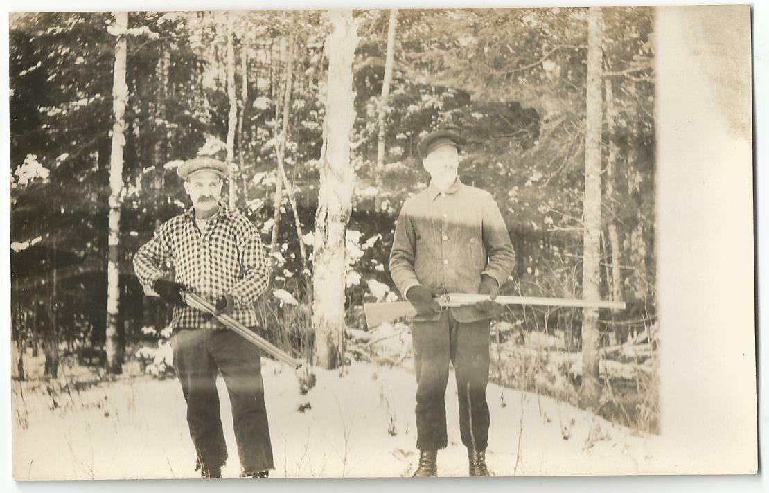 2 Hunters Holding Double Barrel Shotguns ~ AZO RPPC Real Photo Postcard c.1909