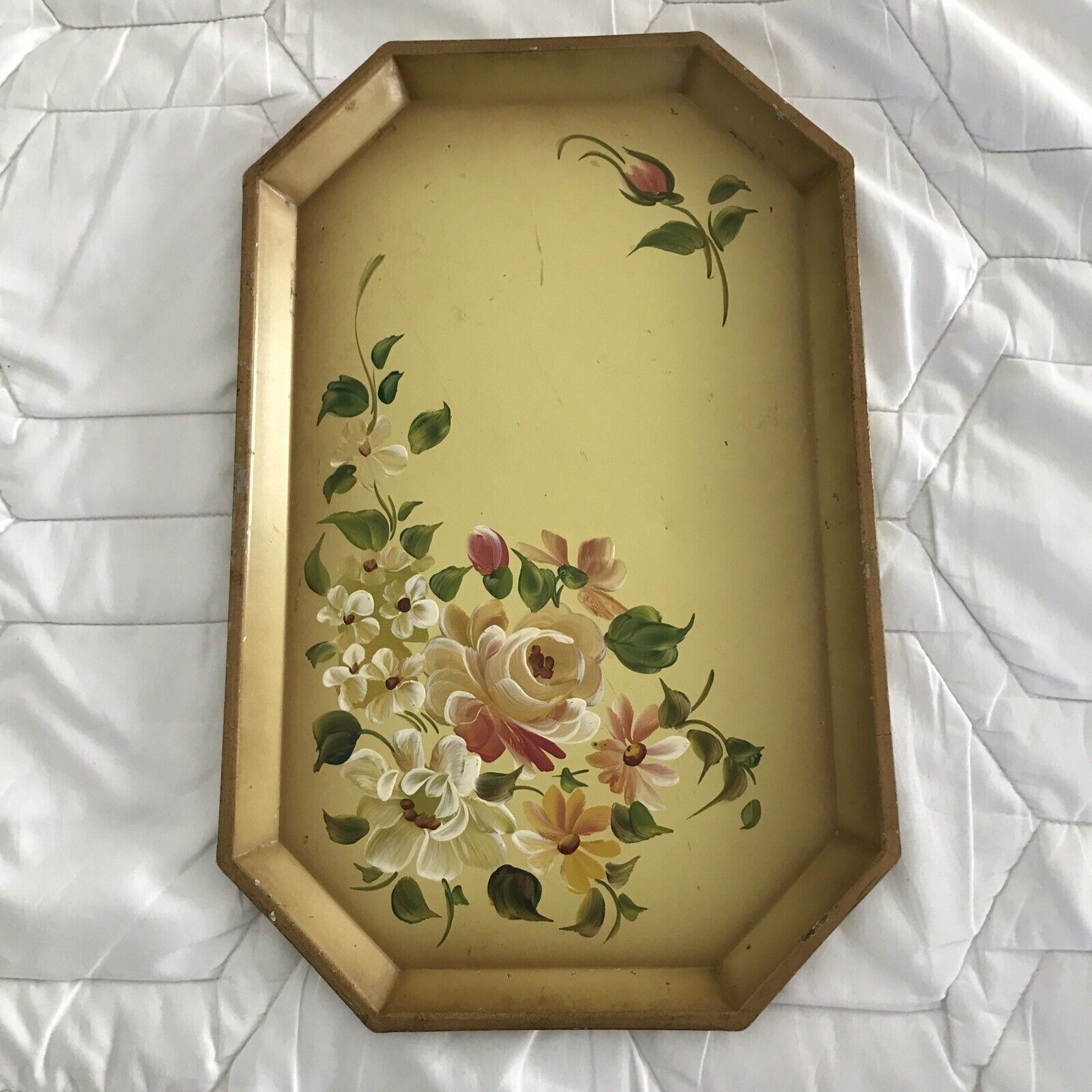 NASH CO HandPainted Metal Serving Tray Toleware 8 Sided Yellow FLORAL  Vintage