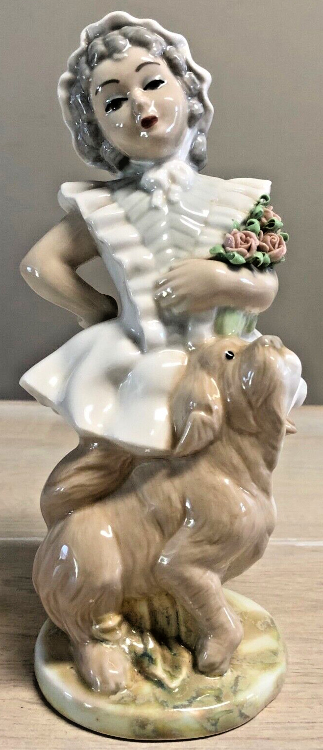Vintage Porcelain Bloomer Girl With Dog And Roses Tengra Spain Valencia
