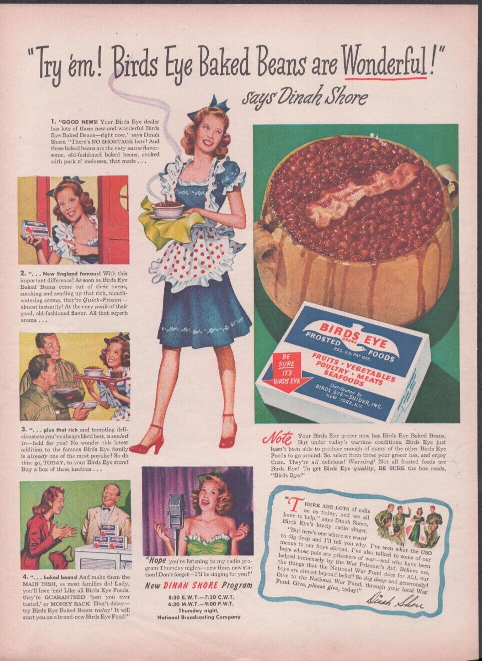 1944 Print Ad Birds Eye Baked Beans Try\'em Dinah Shore Home Front WWII