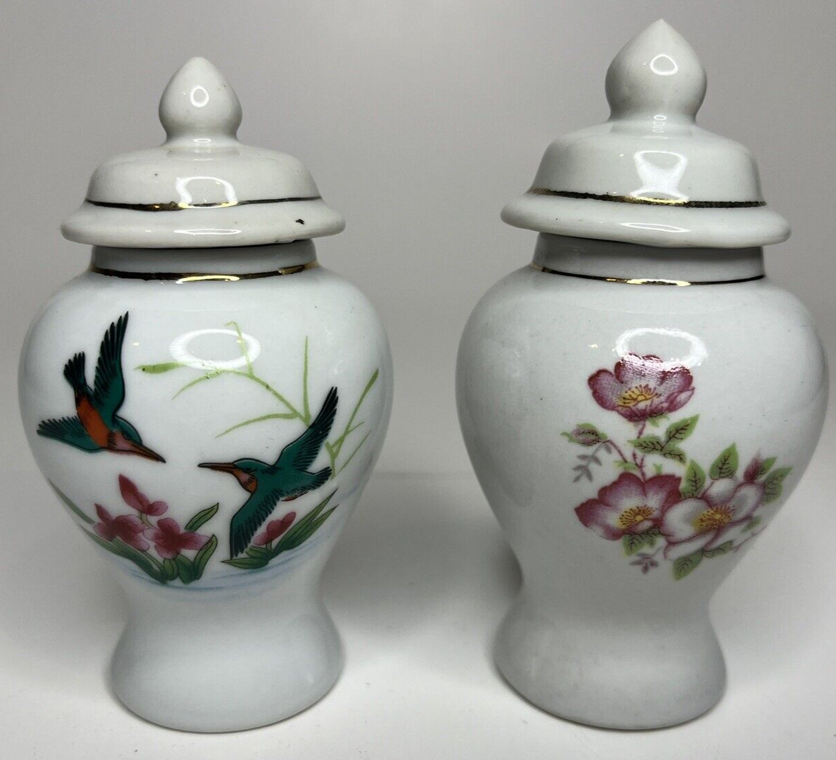 2 Vintage Porcelain Painted Ginger Jars Floral and Hummingbird