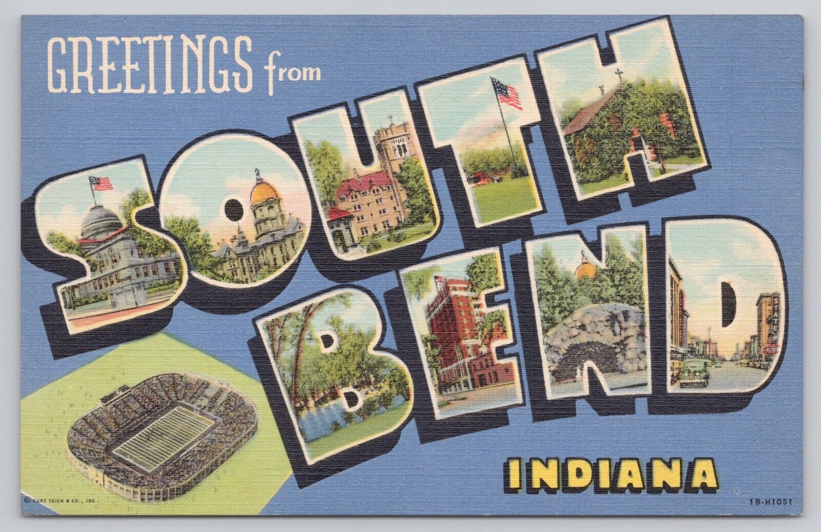 South Bend Indiana, Large Letter Greetings, Football Stadium, Vintage Postcard