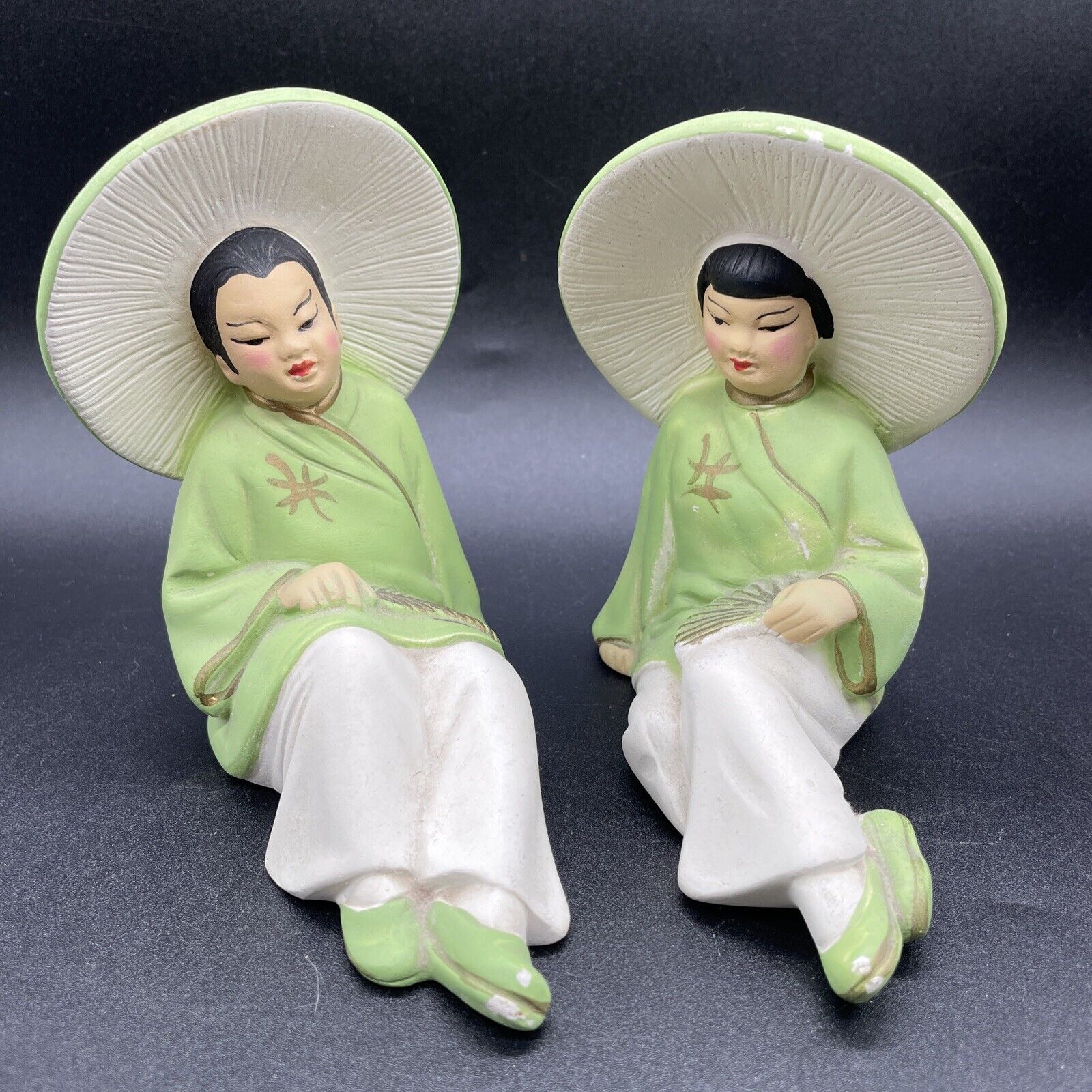 1960s Ceramic Oriental Sitting Couple Figures Hand Crafted & Hand Painted-OOAK
