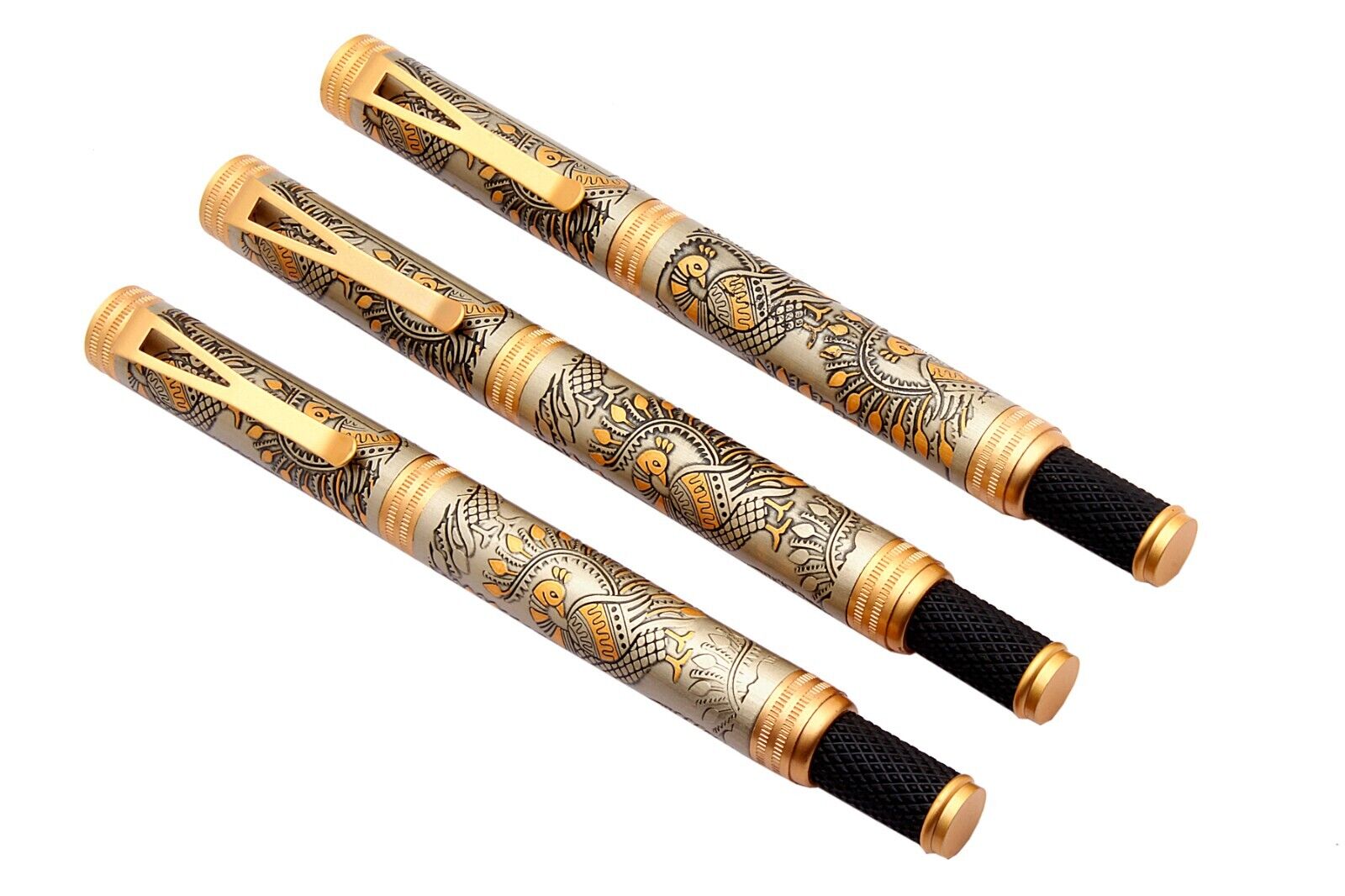 Set Of 3 Peacock Design Engraved On Silver Body Ball Point Pen Vintage Look