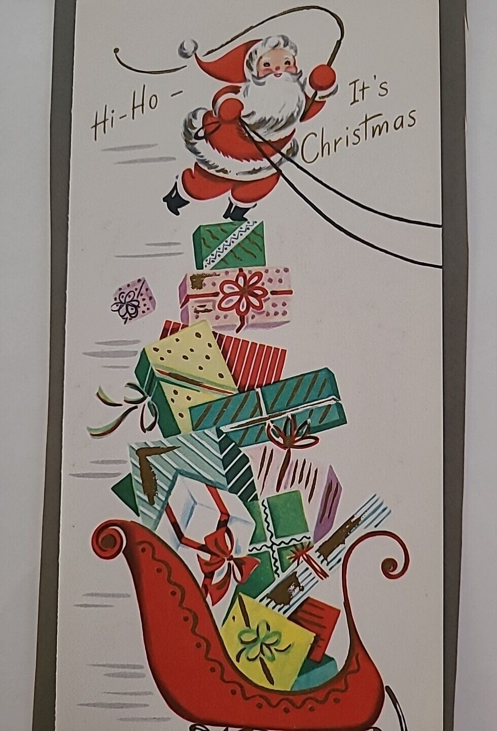 1957 Vtg SANTA on SLEIGH Full of Gifts HI HO It\'s CHRISTMAS Embossed Sample CARD