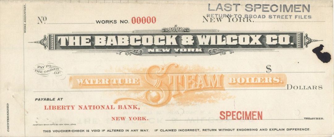 Babcock and Wilcox Co. - American Bank Note Company Specimen Checks - American B