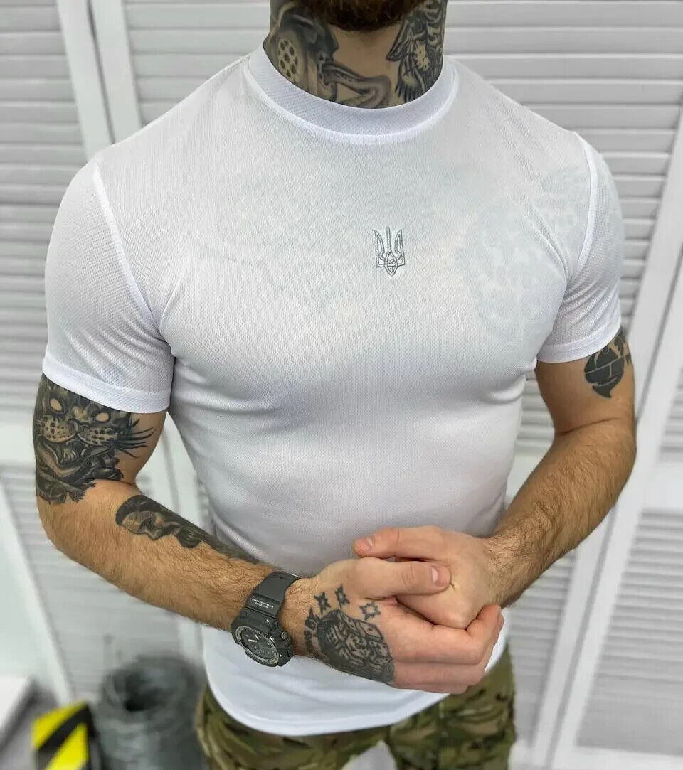 Moisture-wicking white T-shirt with coat of arms