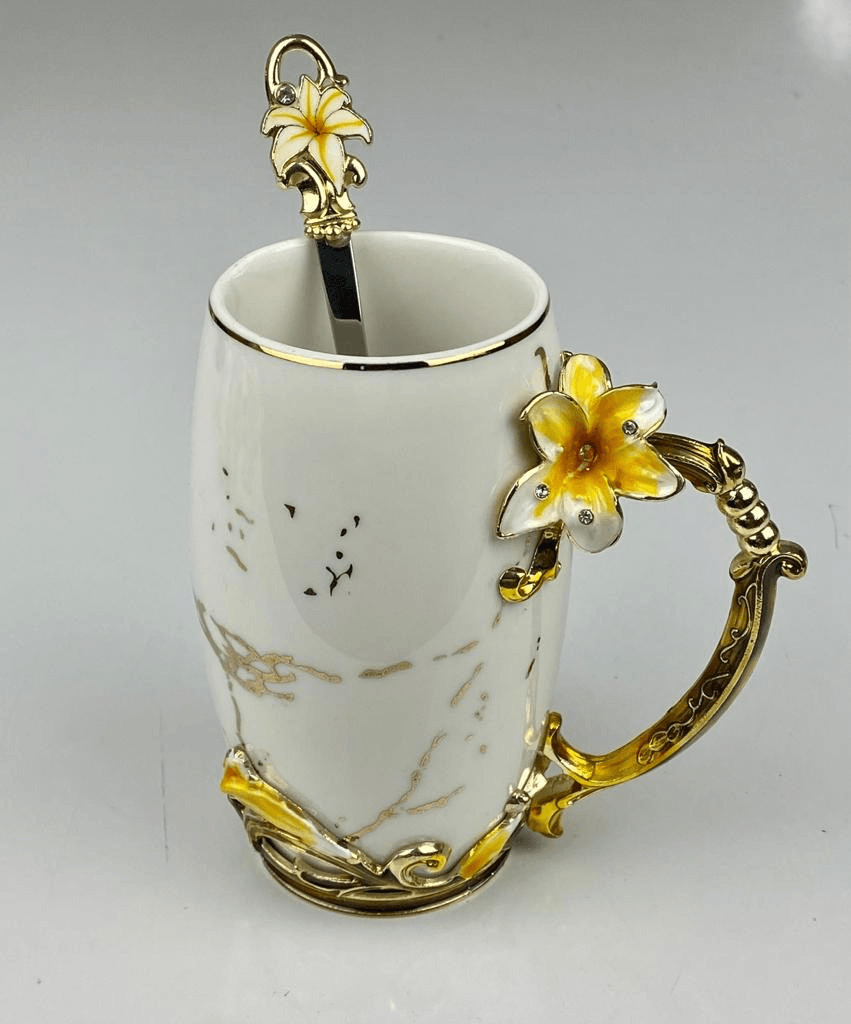 BTaT Brew To A Tea Fancy Ceramic Coffee Tea Mug w/ Spoon Floral White Yellow Gol