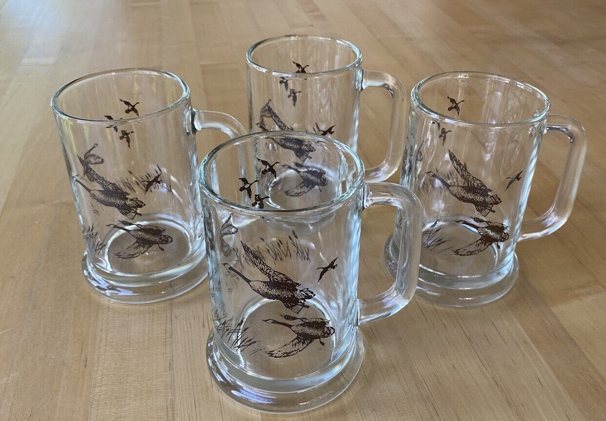 Vintage 1982 Avon 16 oz. Glass Beer Mugs with Canadian Geese Design - Set of 4