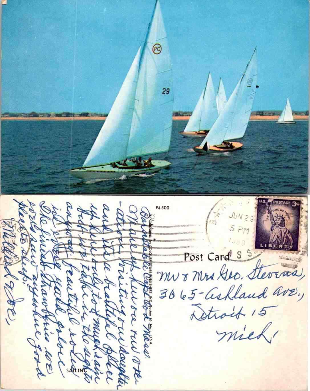 Vintage Postcard - Scituate Harbor Massachusetts MA Sailboats