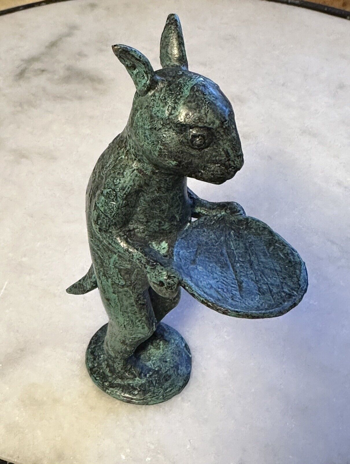 Vtg.Whimsical Verdigris Solid Bronze Squirrel Holding Tray