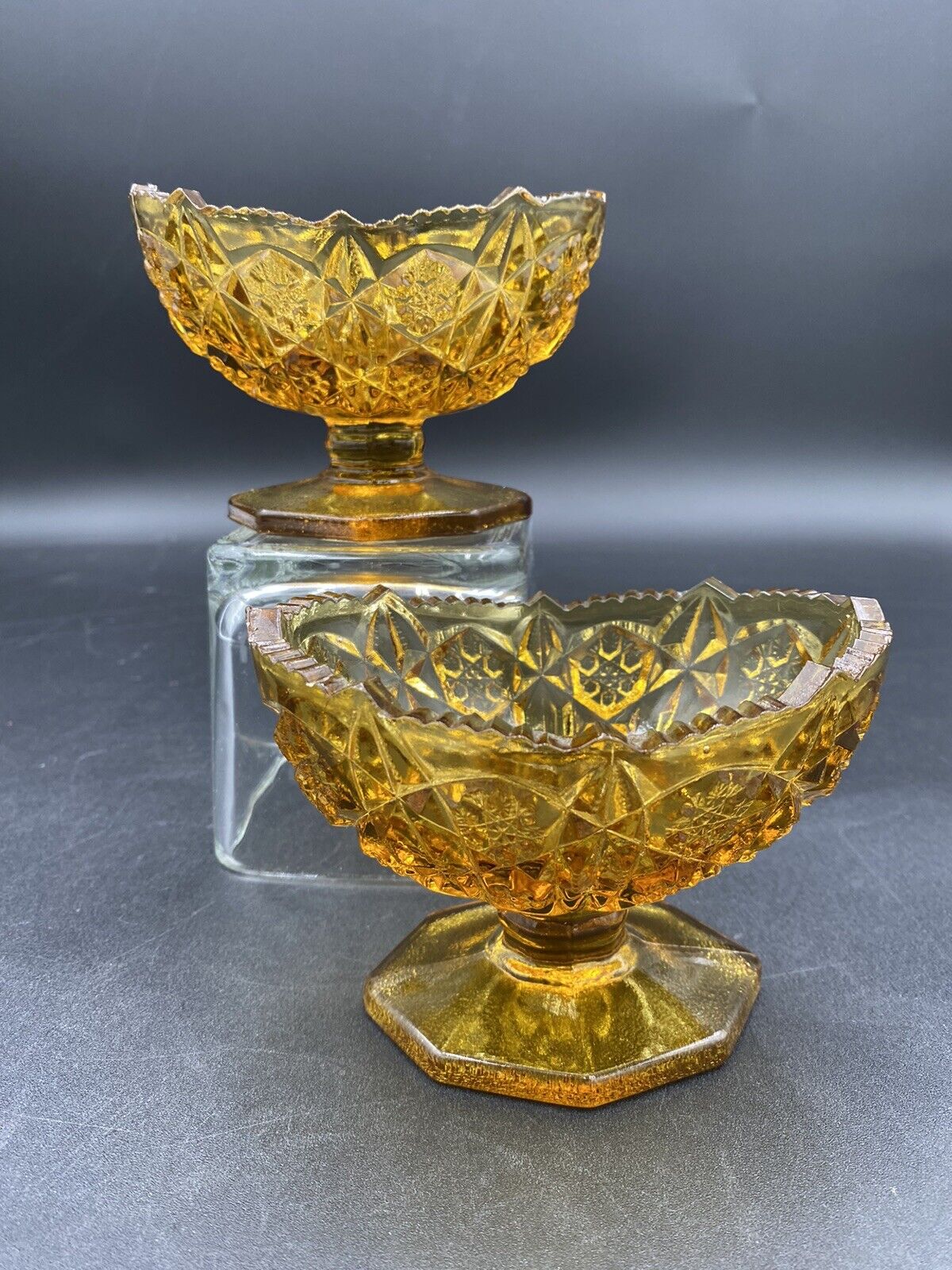 Pair of Vintage Kemple Wheaton Amber Glass Candle Holders, Toltec Pattern, 1970s
