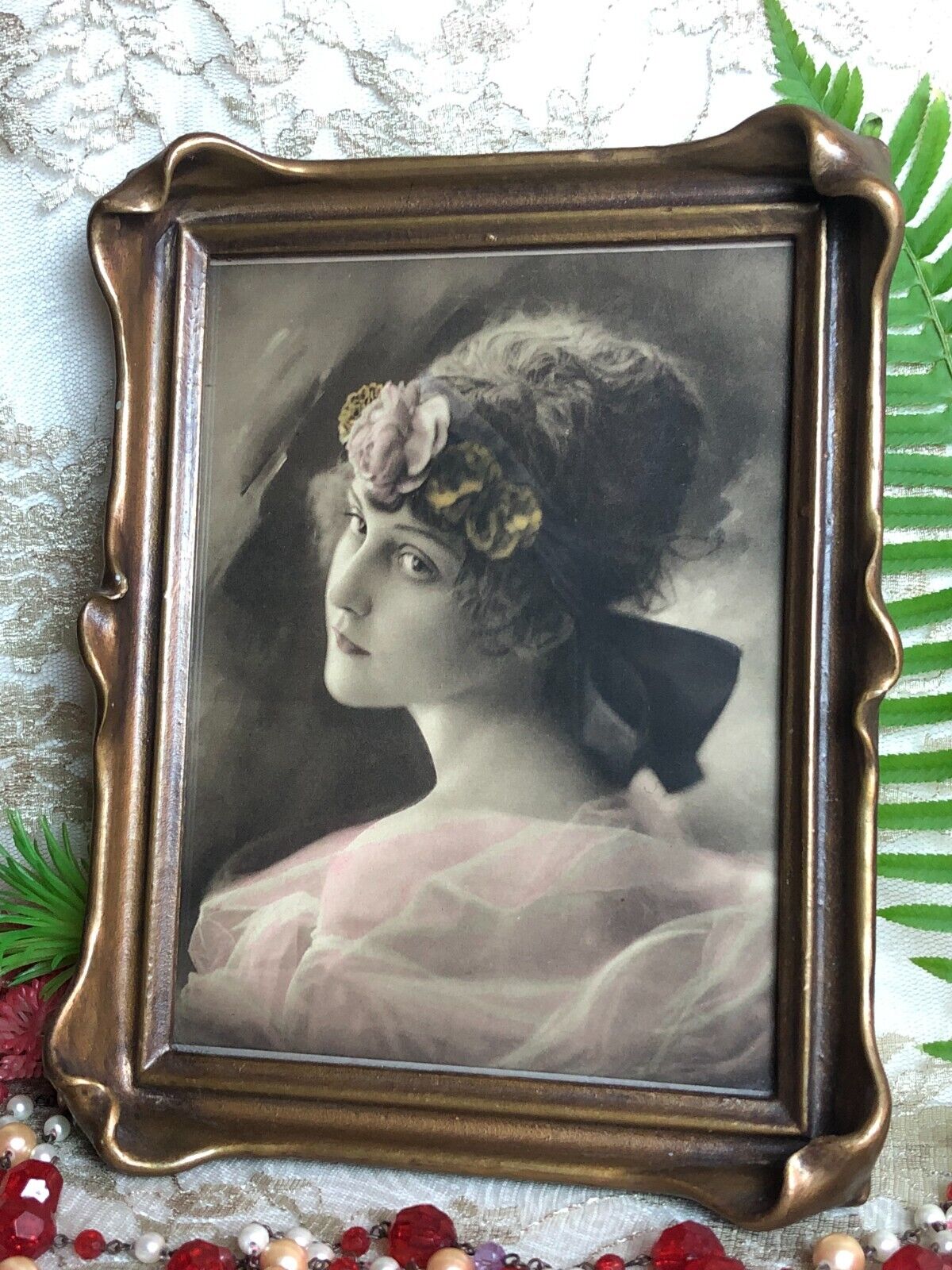 Antique Art Nouveau Pie Crust Picture Frame with Print of Beautiful Woman