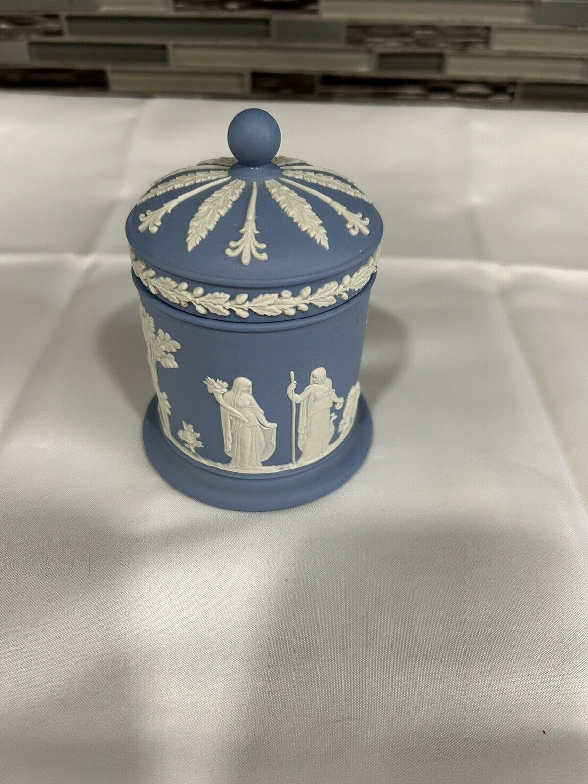 Vintage Wedgwood Blue Jasperware Tobacco Jar with Lid 4.5”