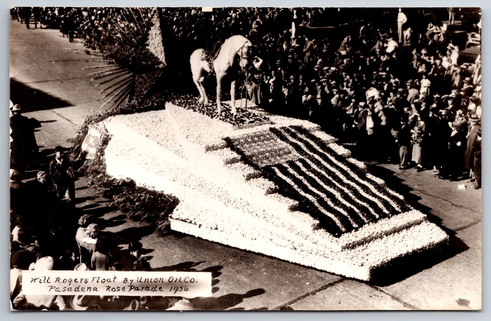 Pasadena California~Rose Parade~Union Oil Co Will Rogers Float~Horse~1936 RPPC