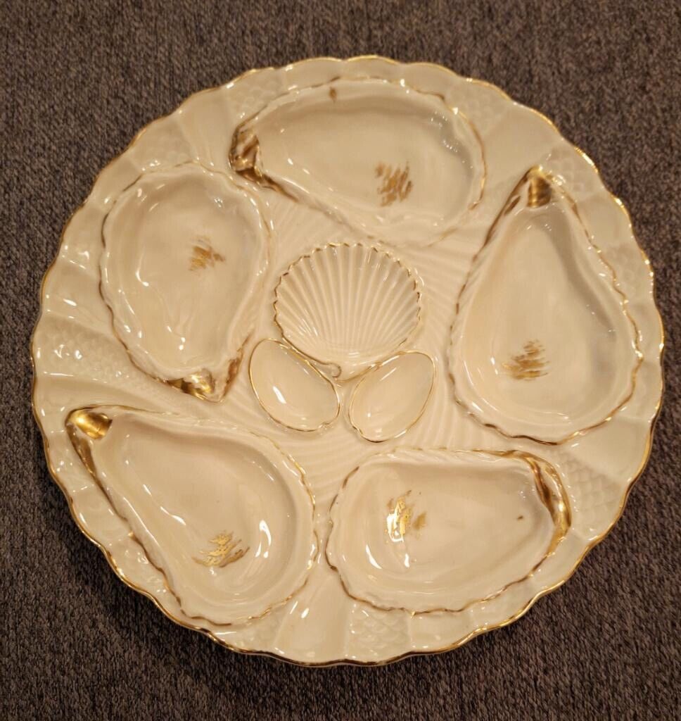 Vintage Rare Weimar Germany Limoges Gilt Porcelain Oyster Plate, 5 Wells