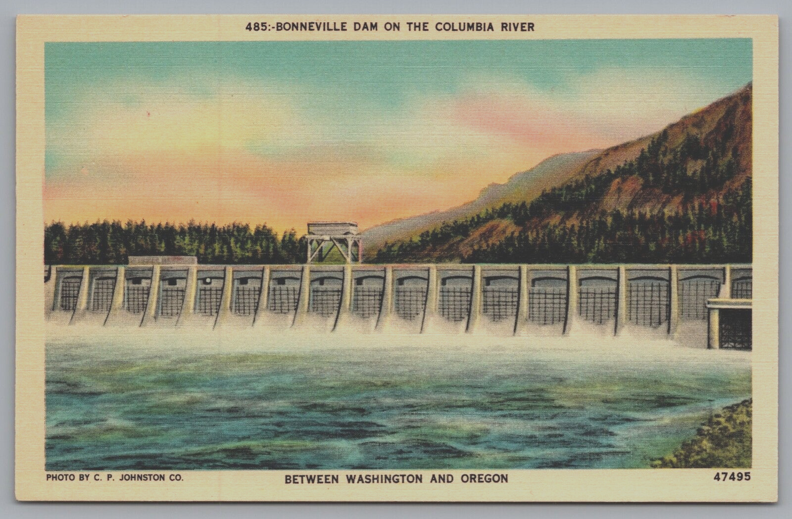 Vintage Postcard Washington, Bonneville Dam on the Columbia River, WA and OR