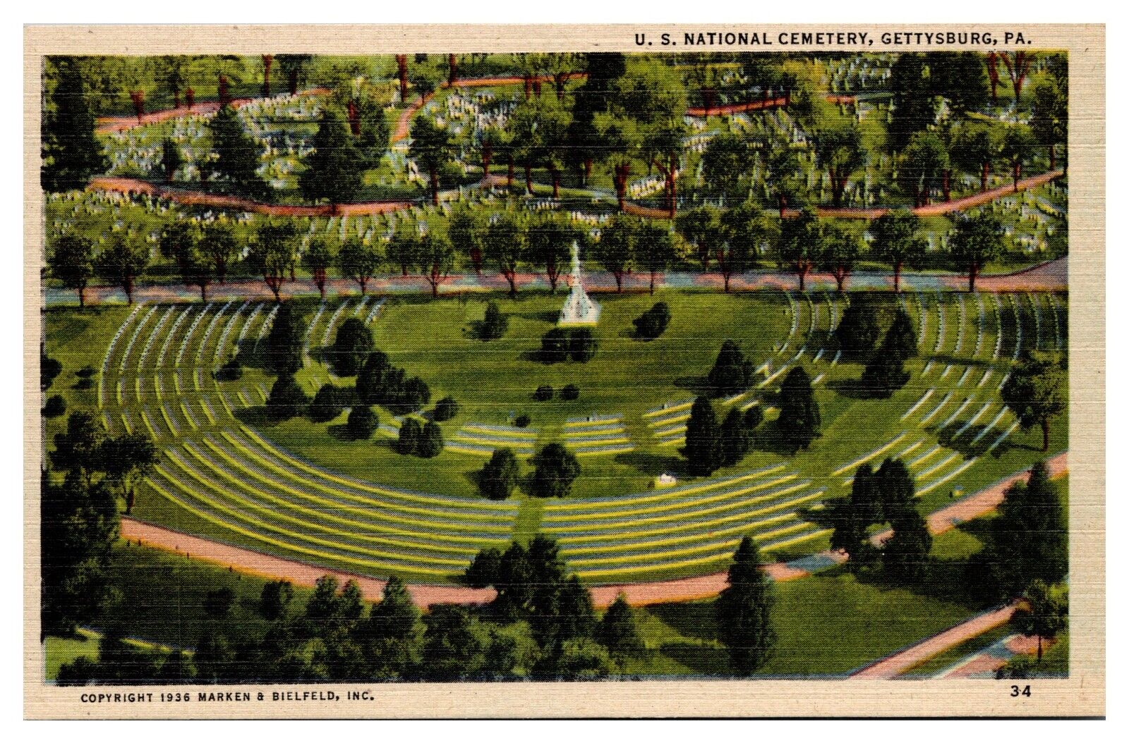 1936 Aerial View of Gettysburg National Cemetery, Gettysburg, PA Postcard