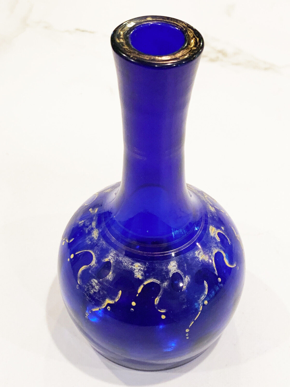 Antique Cobalt Blue Glass Barber Bottle Handpainted Scrolls 6.75”