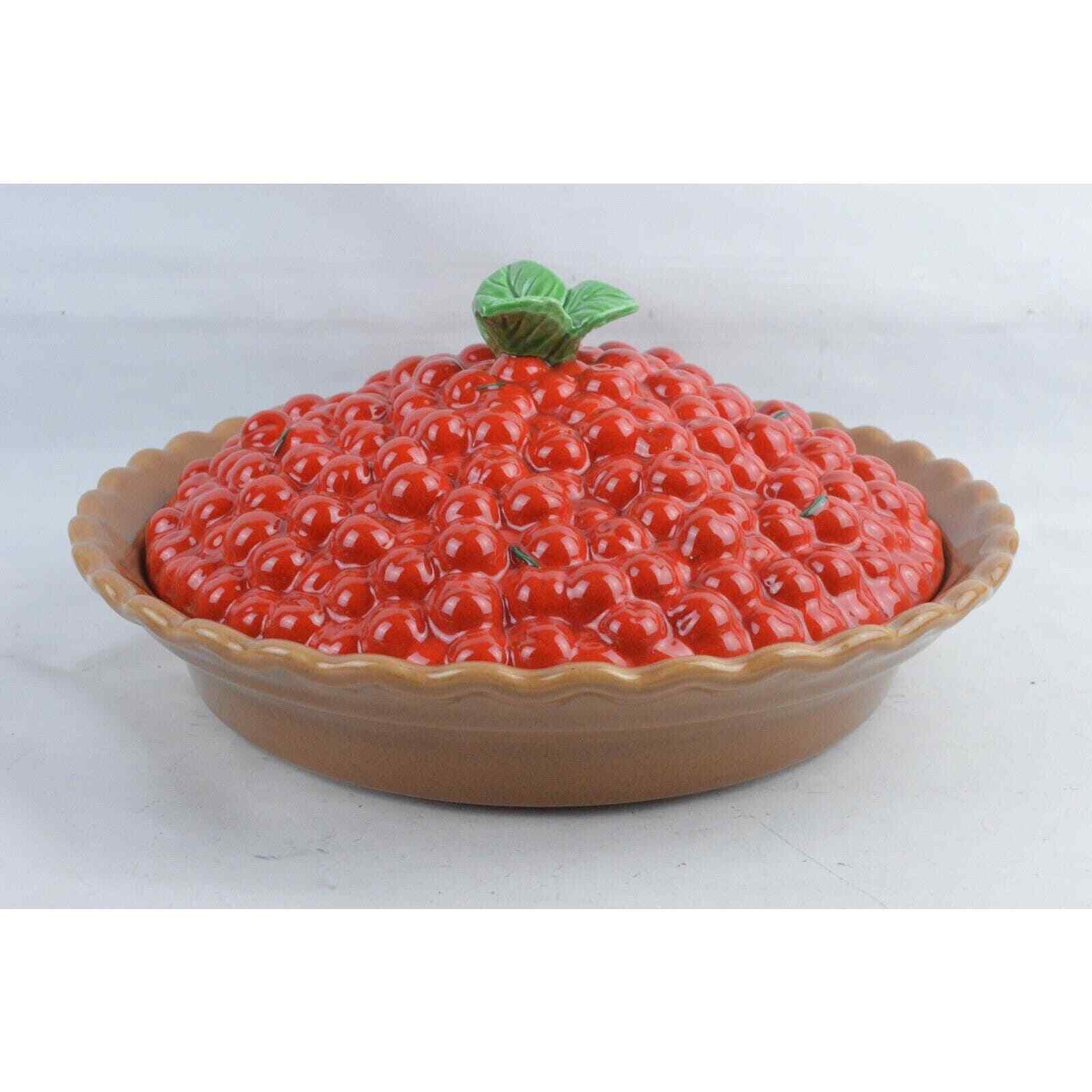 TREASURE CRAFT 13” Ceramic Cherry Pie Fruit Design Plate Bake Dish and Lid USA