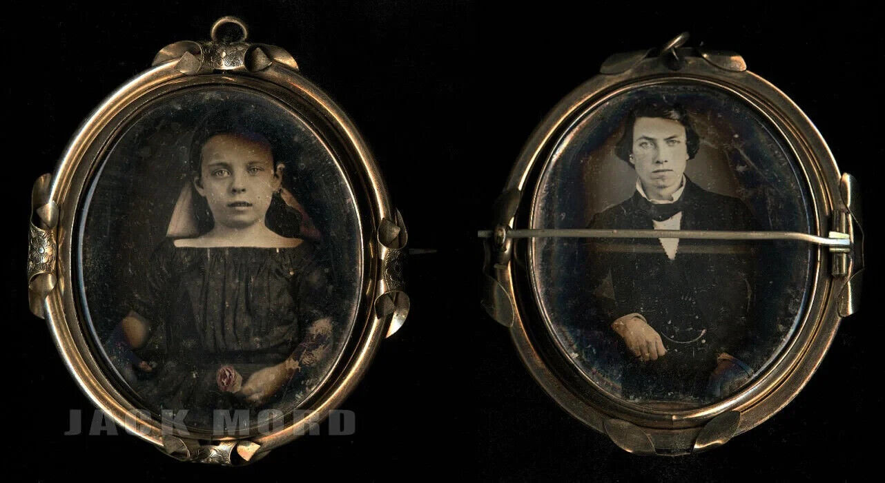 1850s Antique Mourning Jewelry Girl Holding Flowers & Man 2 Daguerreotype Photos