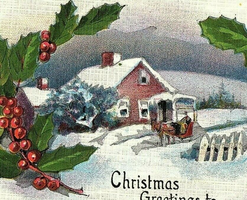c1907-15 Christmas Holly Postcard Berries Winter Scene House Horse & Buggy