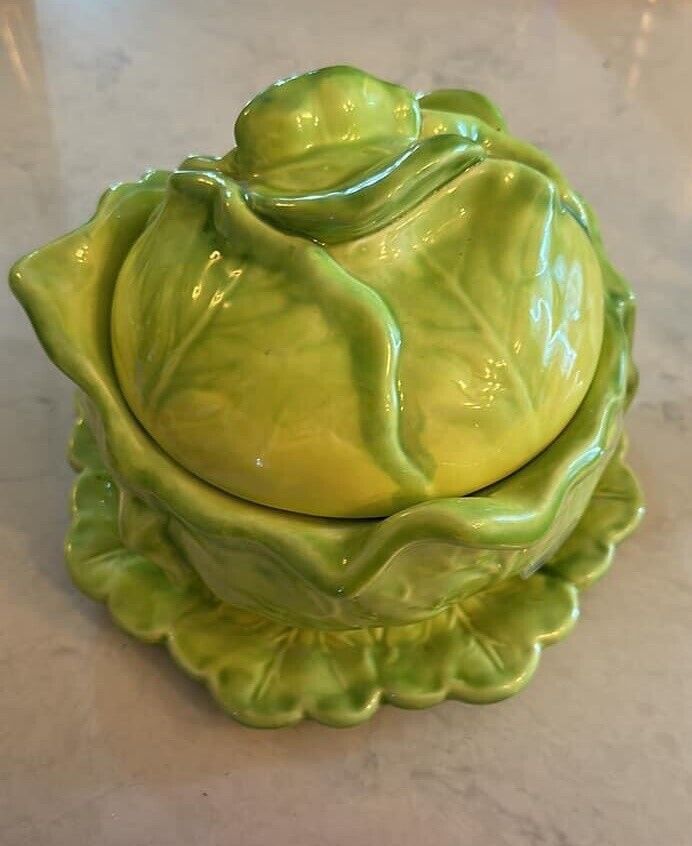 Vintage Ceramic Cabbage With Lid And Under Plate
