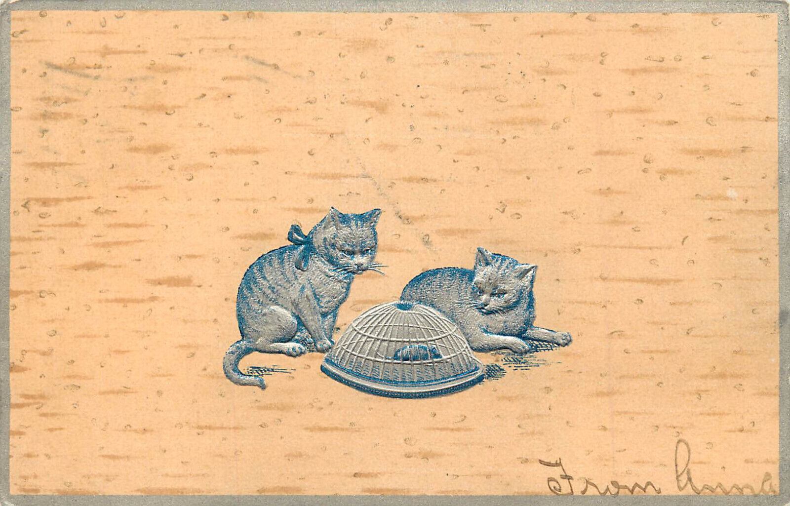 Embossed Postcard Silver Art Kittens Play With Caged Mouse PFB 5819