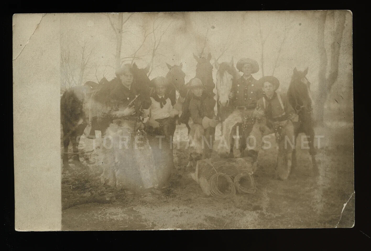 antique 1910s real photo postcard - group of cowboys holding guns, lasso