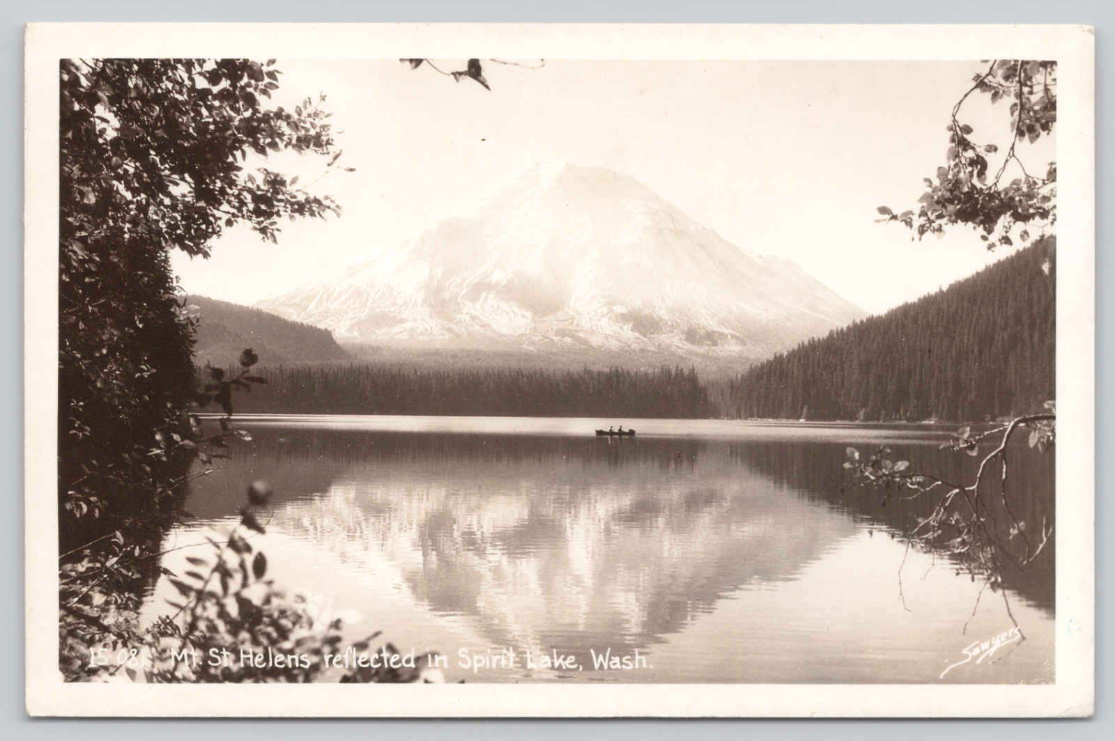 Mt. St. Helens Reflected Spirit Lake, WA c1948 Sawyer\'s RPPC #1508, Boat Fishing