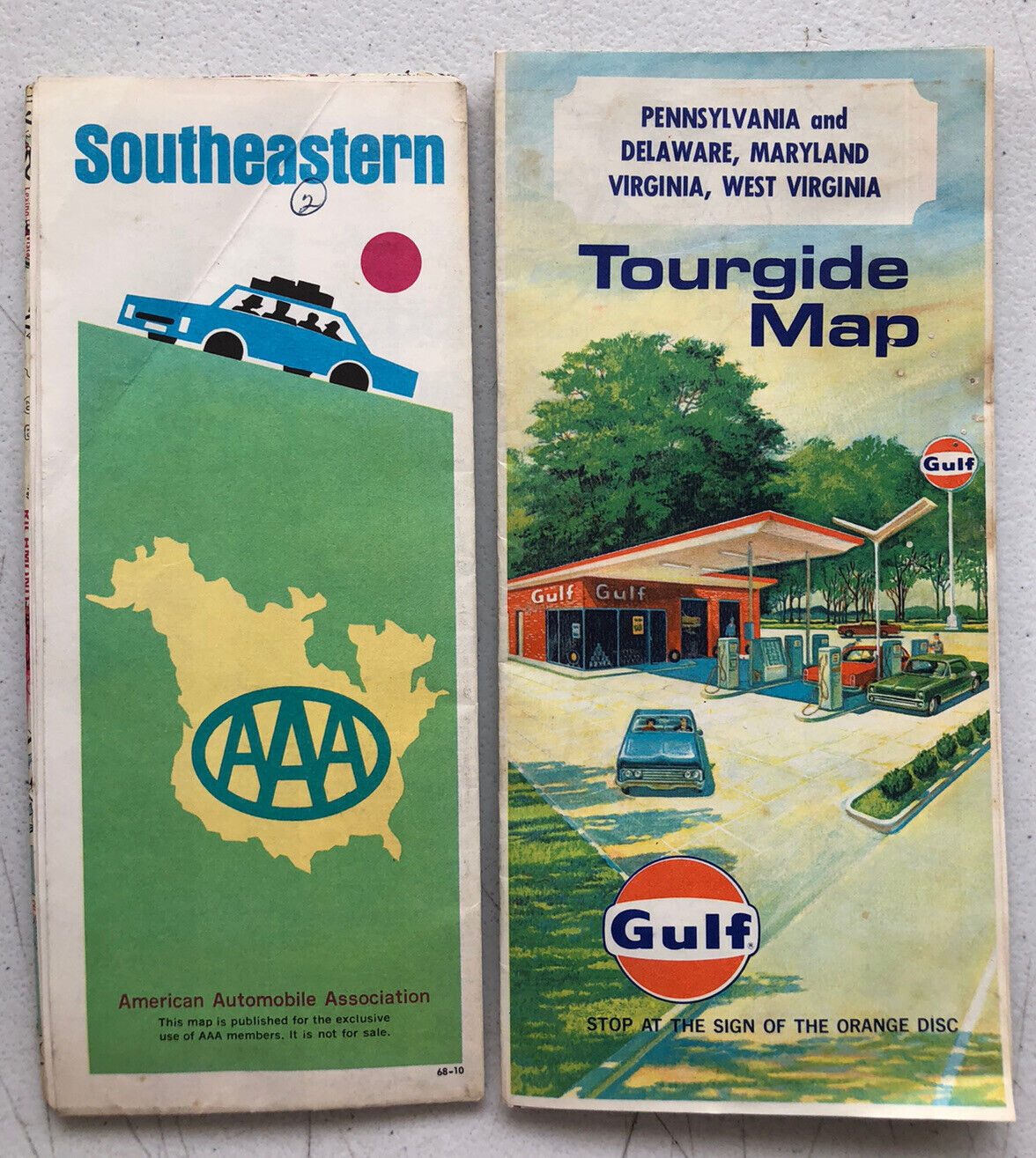 2 Vintage Folded Glove Box Road Maps Gulf AAA Southeastern USA PA DE MD VA WV 