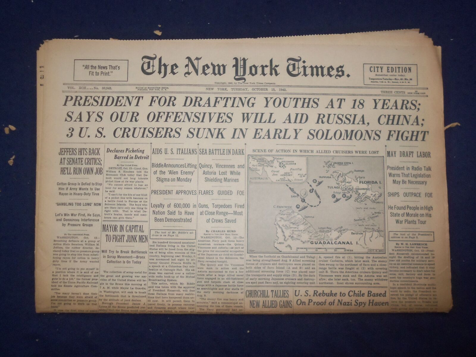 1942 OCT 13 NEW YORK TIMES - PRESIDENT FOR DRAFTING YOUTHS AT 18 YEARS - NP 6509