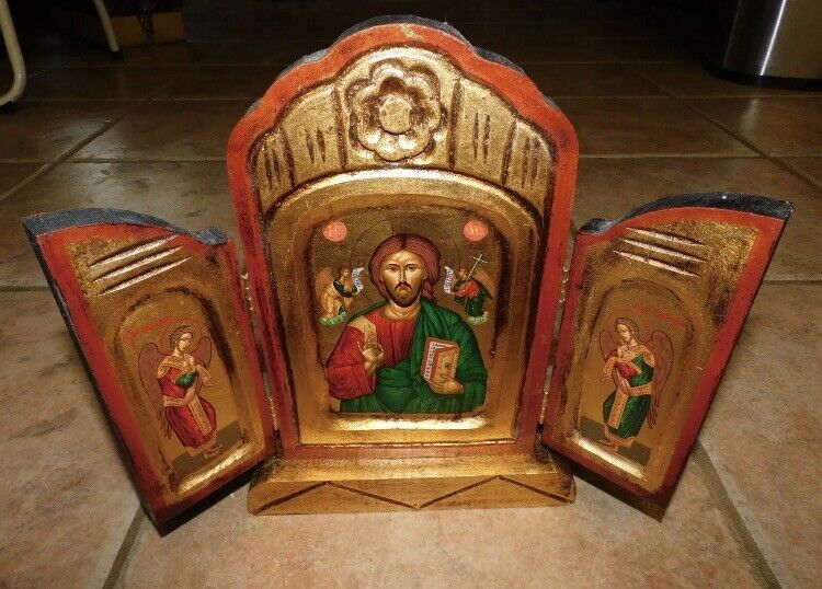Vintage Roman Catholic Triptych Wooden Icon