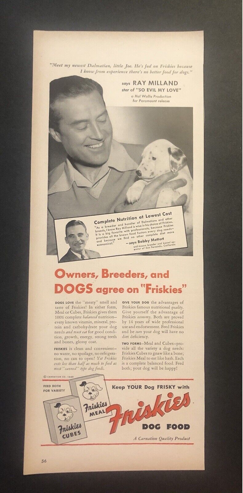 1940’s Ray Milland “So Evil My Love” Friskies Dog Food Magazine Ad