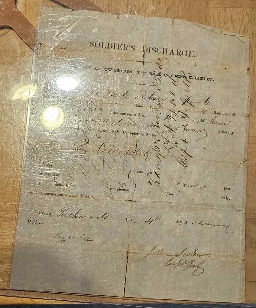 Authentic 1862 Confederate Discharge Alabama Volunteers Rare
