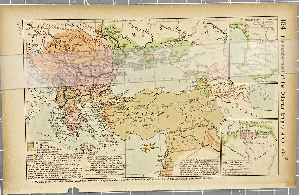 Dismemberment Ottoman Empire since 16831920\'s Antique Color Map Wall Art
